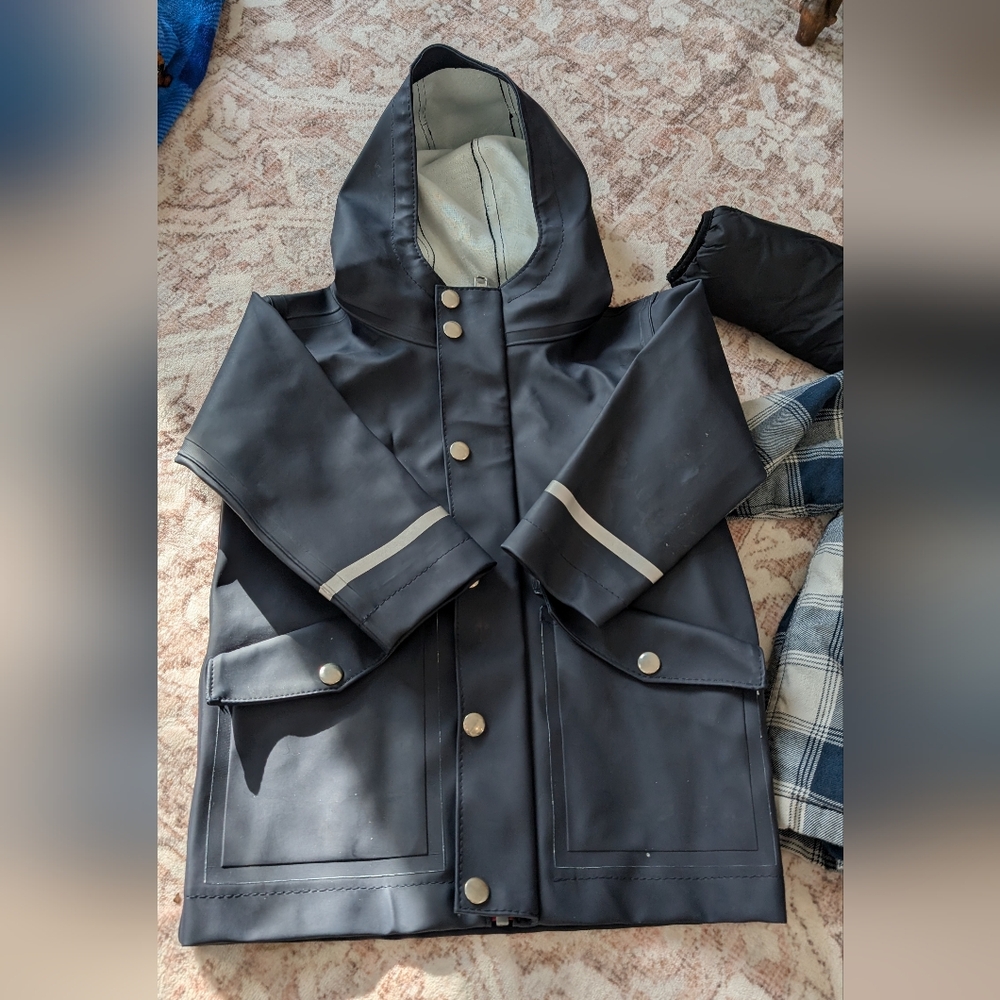 Dark Gray Raincoat with Hood and Contrasting Cuffs